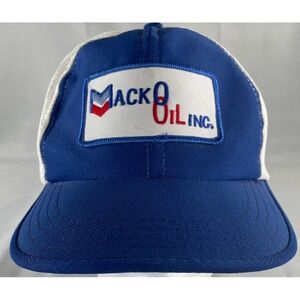 Vintage Mack O Oil Trucker Hat Blue White Mesh Snapback Patch Cap Made in Korea